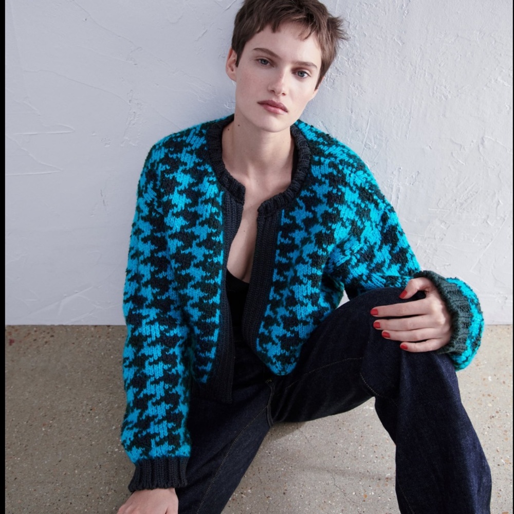 Zara houndstooth knitted open cardigan